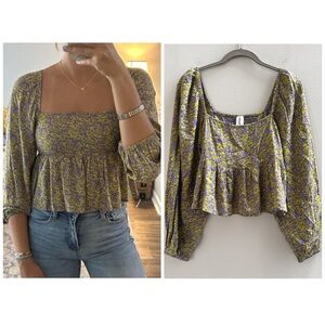 Abound Purple Green Rose Flower Print Cropped Boho Peasant Top NWT Small